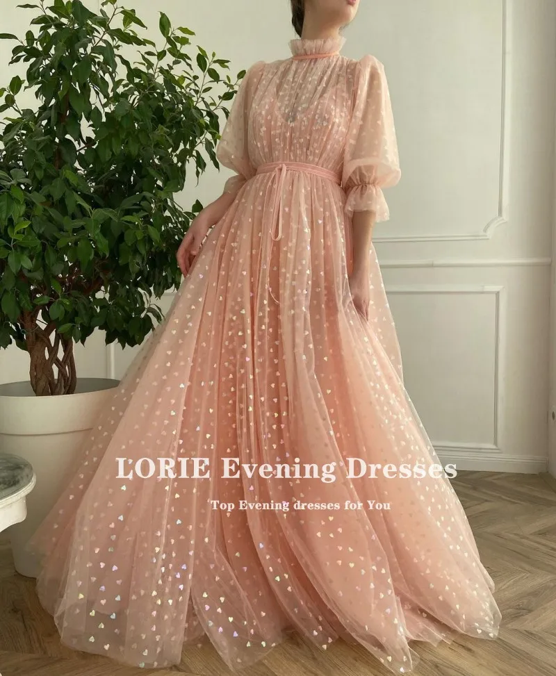 LORIE Shiny Fairy Prom Dresses High Neck Peach Tulle A-Line Short Sleeves Arabic Wedding Party Gown for Graduation