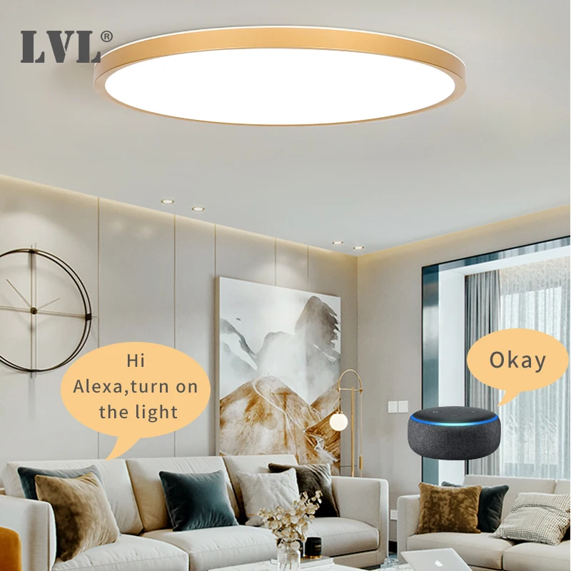 Luz Led de techo inteligente para el hogar, iluminación moderna de grano de madera dorada, regulable, WiFi, Control por voz por aplicación Tuya,