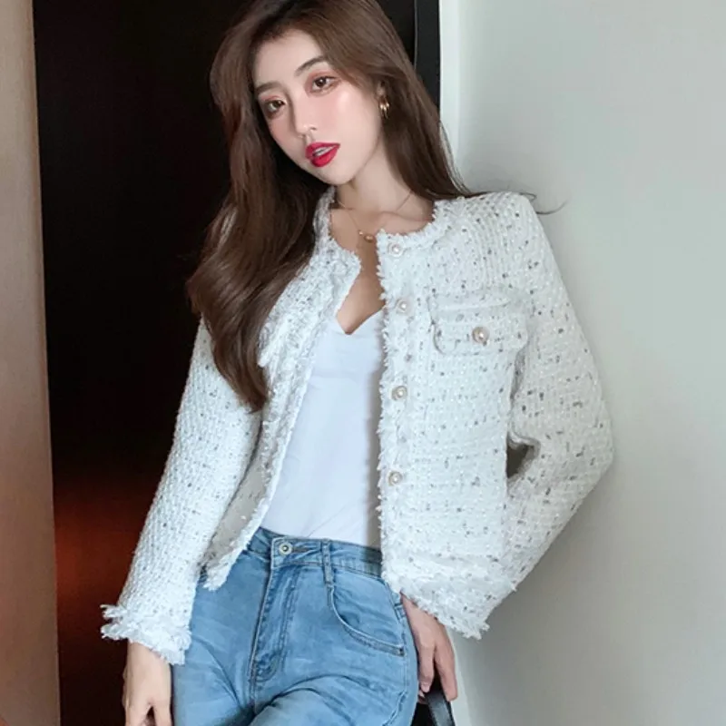 2020 nowa jesienna damska kurtka tweedowa wysokiej jakości mały zapach perła pojedyncze piersi kobiet koreańska krótka elegancki płaszcz
