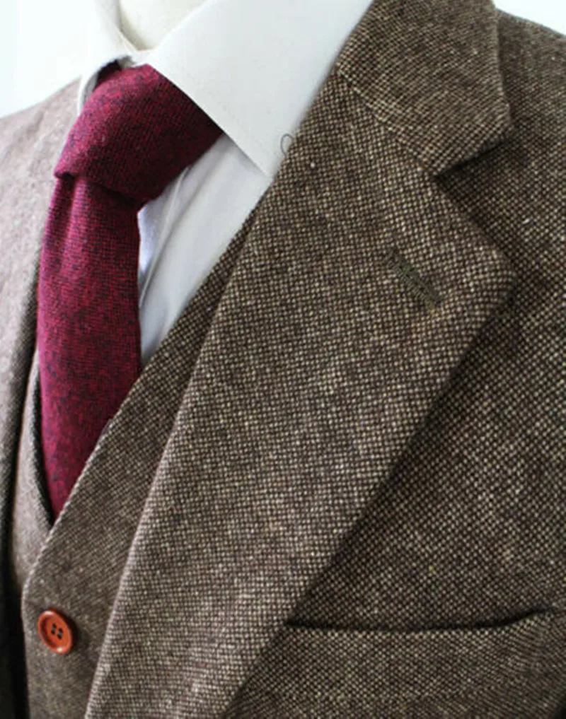 ผู้ชายสีน้ำตาลชุด Tweed ตรวจสอบ Tailor-Made 3ชิ้นอย่างเป็นทางการธุรกิจงานแต่งงานธุรกิจเจ้าบ่าว Tuxedos จัดงานแต่งงานพรหมชุด