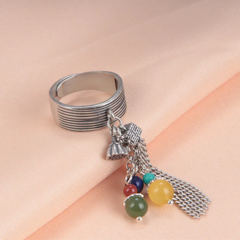 

Silver 925 Real Double Hi Words Lotus Ring with Lapis Lazuli Beeswax Jasper Nanhong Agate Beads Retro Long Chain Ethnic Jewelry