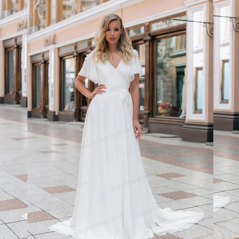 Chiffon A-line Strand Hochzeit Kleid 2021 Puff Hülse Sweep Dot Tüll Braut Kleid Nach Maß Prinzessin Hochzeit Kleider Boho