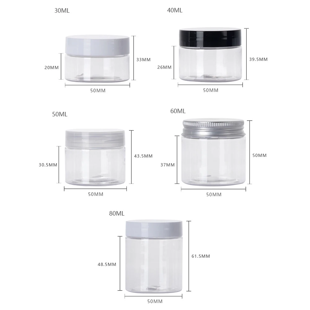 1Pcs Plastic Pot Jars Round 30ml/ 40ml/ 50ml/ 60ml/ 80ml Clear Leak Proof Face Cream Container with Lid for Travel Storage