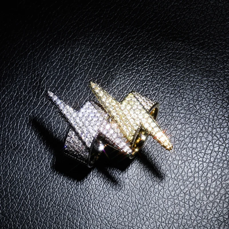 

AAA+ CZ Zircon Paved Bling Iced Out Lightning Rings for Men Women Cubic Zirconia Rings Male Hip Hop Rapper Jewelry Gold Color