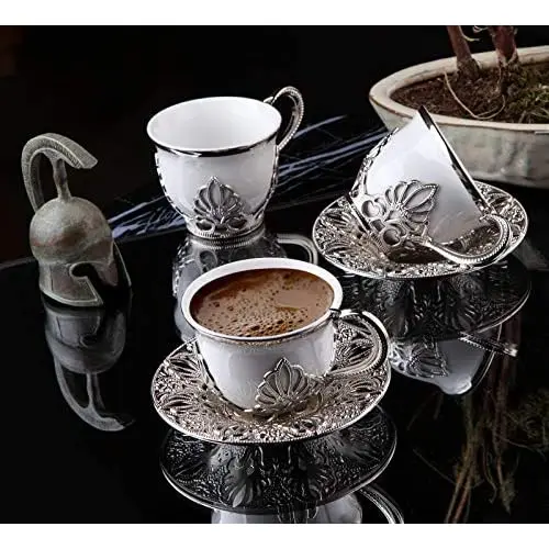 Espresso Coffee Cups with Saucers Set of 6, Porcelain Turkish Arabic Greek Coffee Cup and Saucer, coffee Cup For Women, Men, Adu