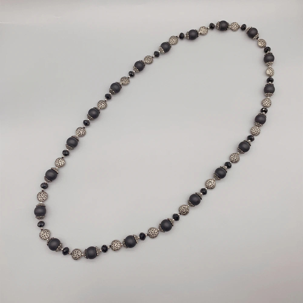 FoLisaUnique 12mm Matte Black Onyx Necklace For Women Hammered Look Antique Silver Beads Long Necklace Casual Jewelry 32 Inch
