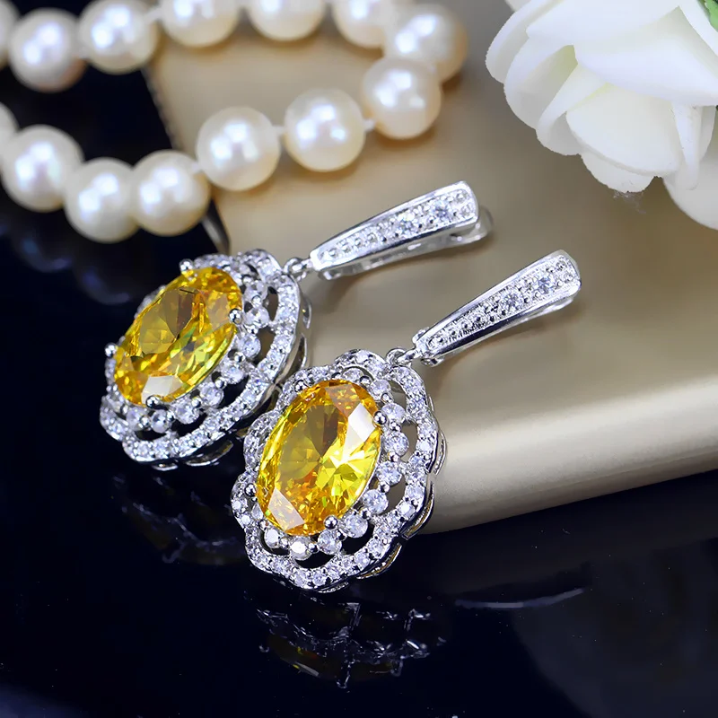 Turkish Red Garnet Big Oval Cubic Zirconia Paved Silver 925 Hanging Earrings Women Wedding Jewelry Dropshipping