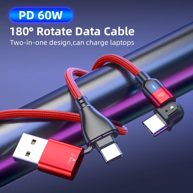 180° 60W PD Fast Phone Cable USB C to Type-C Charging Data Sync Cable For Huawei Samsung OPPO Realme GT 8 7 6 5 X7 X50 X2 Pro