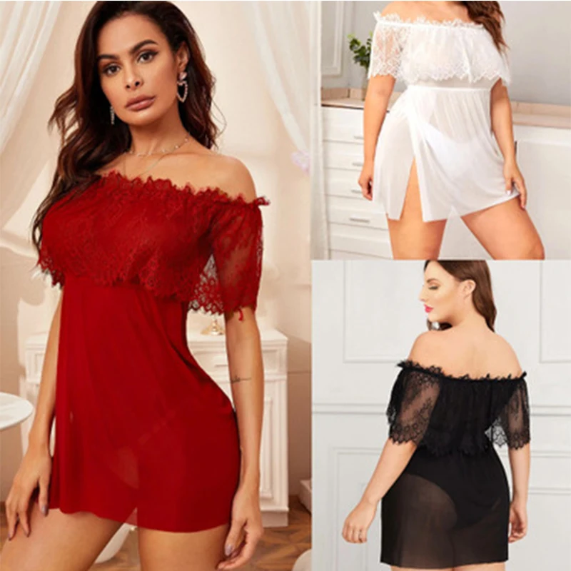 Fashion Plus Size Lace Night Dress Lingerie Womens Clothing Sexy See Though Sleepwear Spaghetti Strap hollow nighties for lady