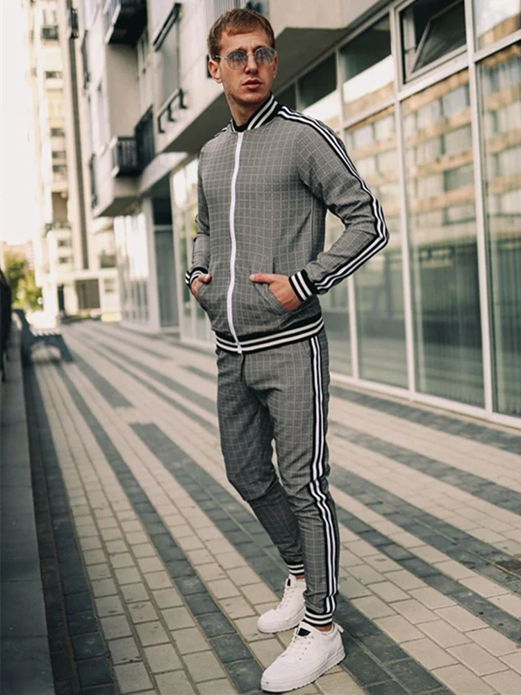 Europe United States Casual Sportswear Suits Autumn New Stand-Up Collar Zipper Cardigan Jacket Grid Sweatpants Men\'s Clothing