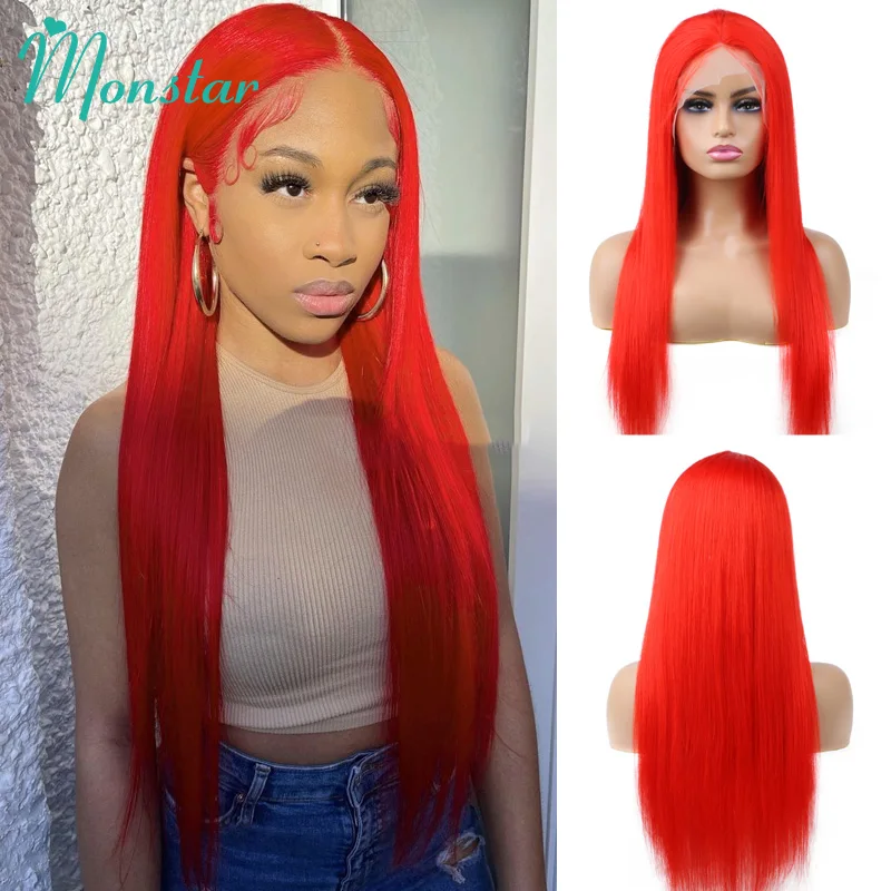 Monstar Red Wig Color Straight Human Hair Wig Brazilian Remy 13x4 Body Wave Lace Front Wig Lace Frontal Wig Transparent Lace Wig