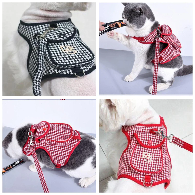 Plaid Pomeranian Harness zaino borse da scuola per cani di piccola taglia Set di guinzagli tascabili per cacca di animali domestici maltesi Spitz accessorio per collare con cinturino sul petto