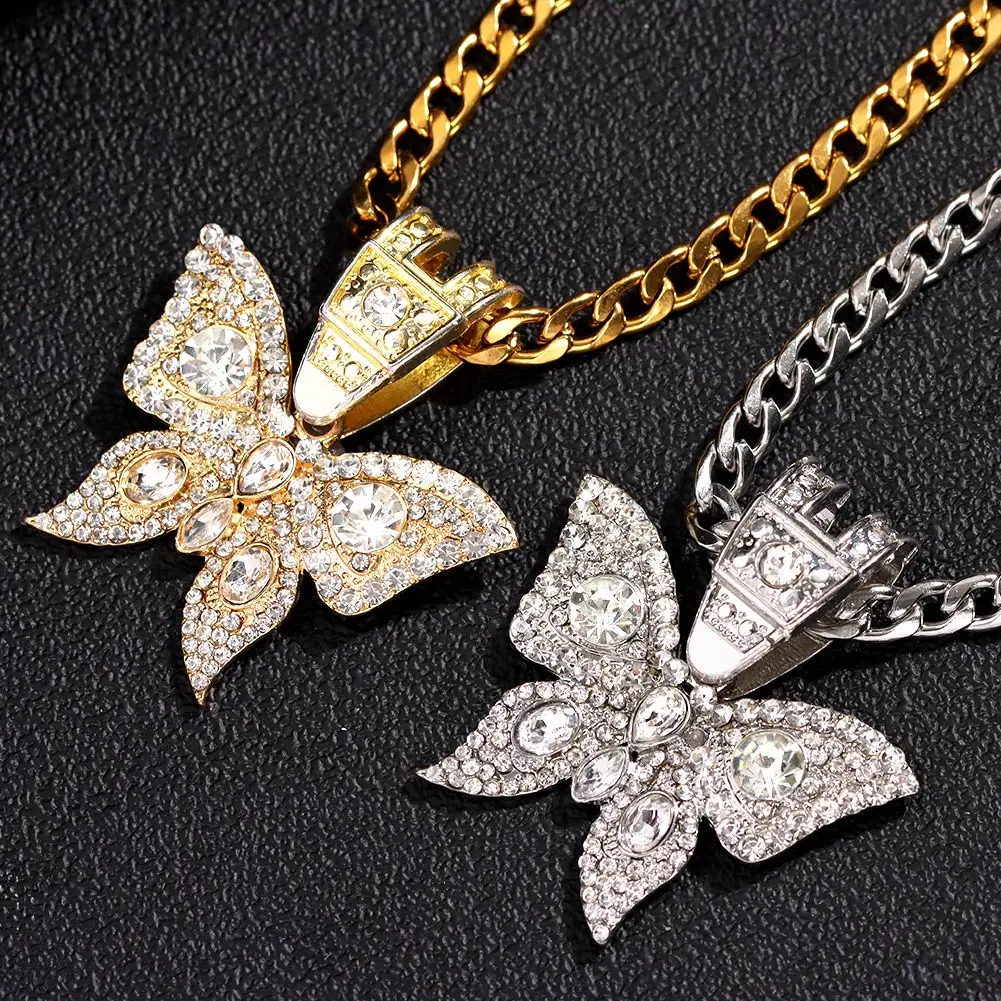 Gold Color Stainless Steel Chain Big Butterfly Pendant Necklace Men Women Hiphop Rock Cuban Rope Chain Animal Necklaces Jewelry