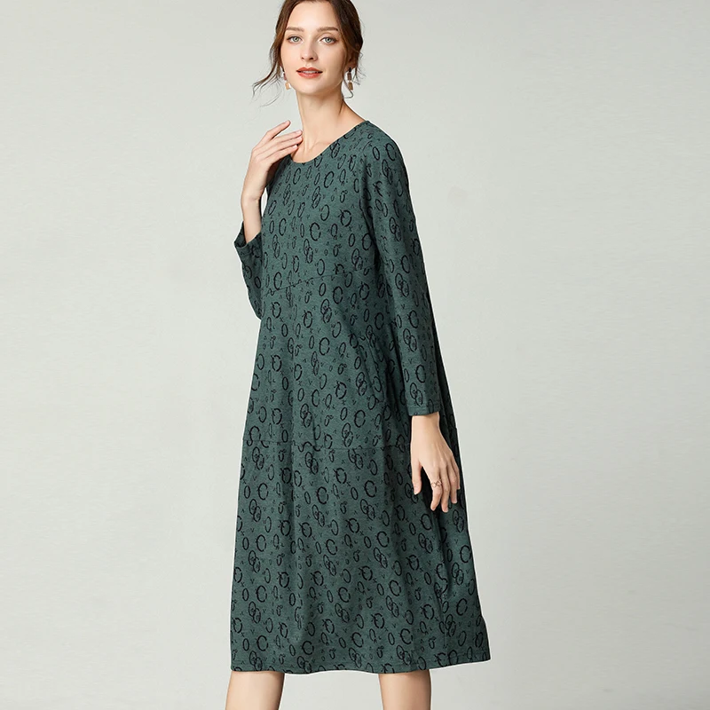 Women's Long Sleeve Loose Dress, Round Neck, High Waist Print Dresses, Base Dress, Fashion, New Show Thin, Plus Size, Autumn