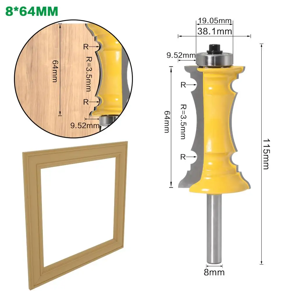 SHERUI 1pc 8mm Shank 38mm 64mm Miter Frame Molding Router Bit Line knife Door knife Tenon Cutter for Woodworking Tools