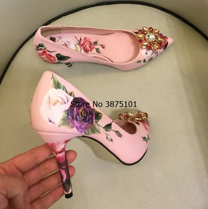 New Arrival Printed Stiletto Heel Dress Shoes Sexy Women Pointy Slip-on High Heels Pretty Crystal Flower Stick Shallow Pump