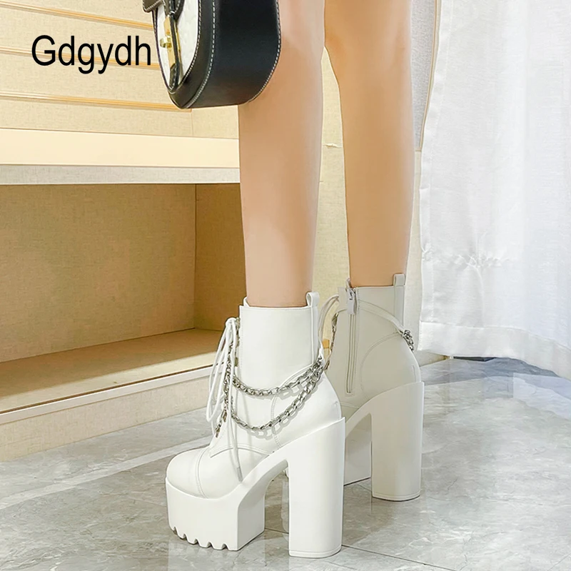 Gdgydh Winter Shoes Women Super Thick Bottom High-heeled Nightclub Boots With Chain Warm Thick Boot Rubber Sole White Goth Punk