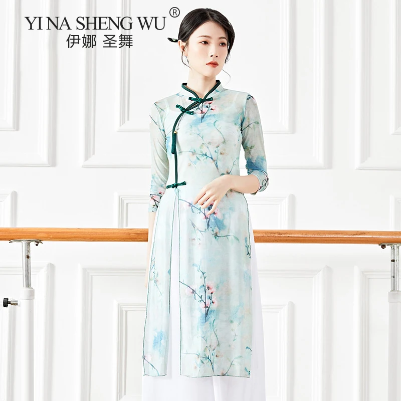 Chinese Classical Dance Cheongsam Phoenix Body Rhyme Basic Training Suit Light Weight Flowy Long Dress Practice Wear Pink Green