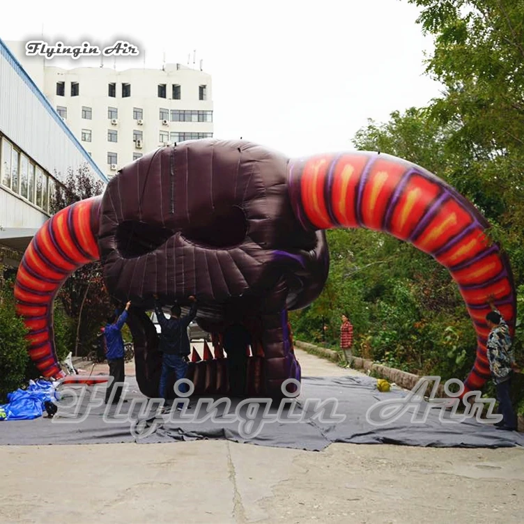 Hanging Halloween Inflatable Skull 7m Length Giant Air Blown Demon Head For Concert Stage And Nightclub Party Decoration