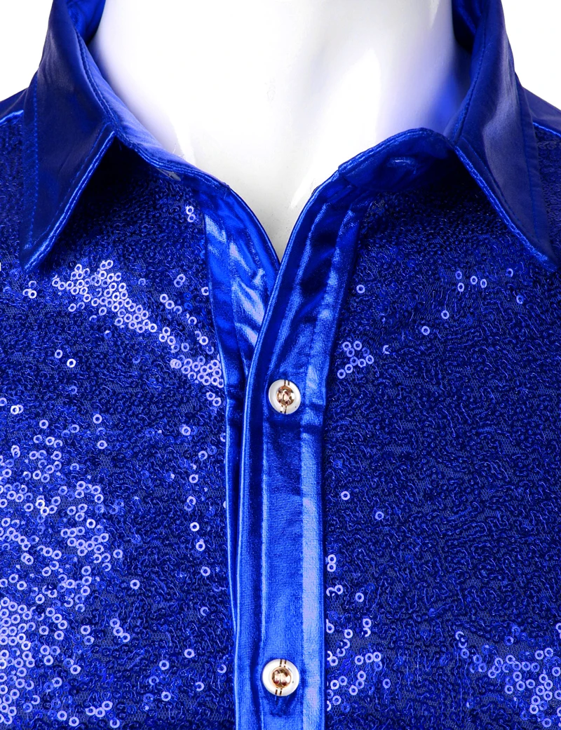 Camisas de vestir metálicas de lentejuelas azules reales para hombre, camisa de manga larga para fiesta de discoteca de los 70, disfraz de Halloween