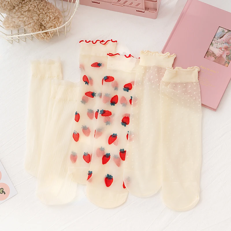 infant girls summer strawberry polka dot Ultra-thin kids socks stripes baby princess children transparent socks chaussette fille