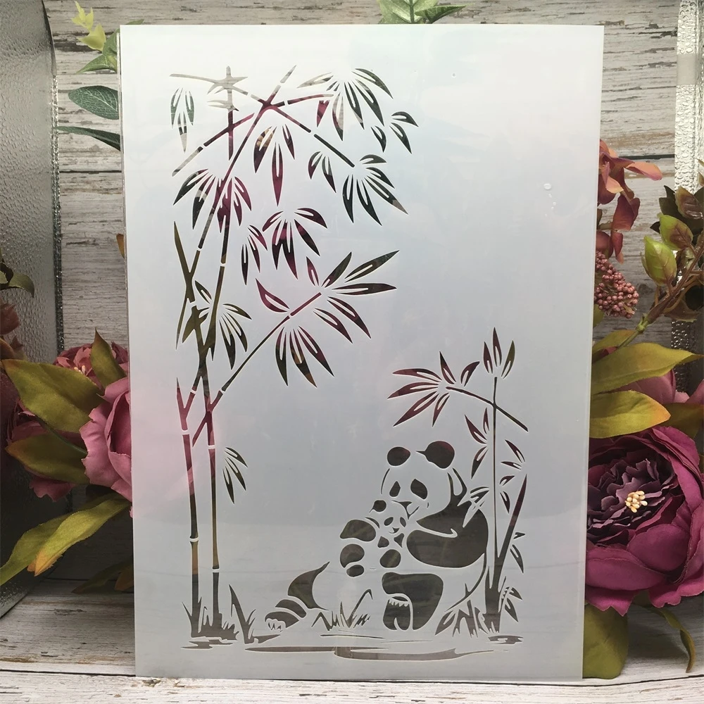 A4 29cm Bamboo Panda and Baby DIY Layering Stencils Wall Painting Scrapbook Coloring Embossing Album Decorative Template