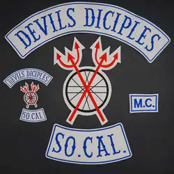 Distintivo di toppa per ricamo Socal MC di grandi dimensioni Devils Diciples con ferro sul supporto per borse per cappelli di abbigliamento