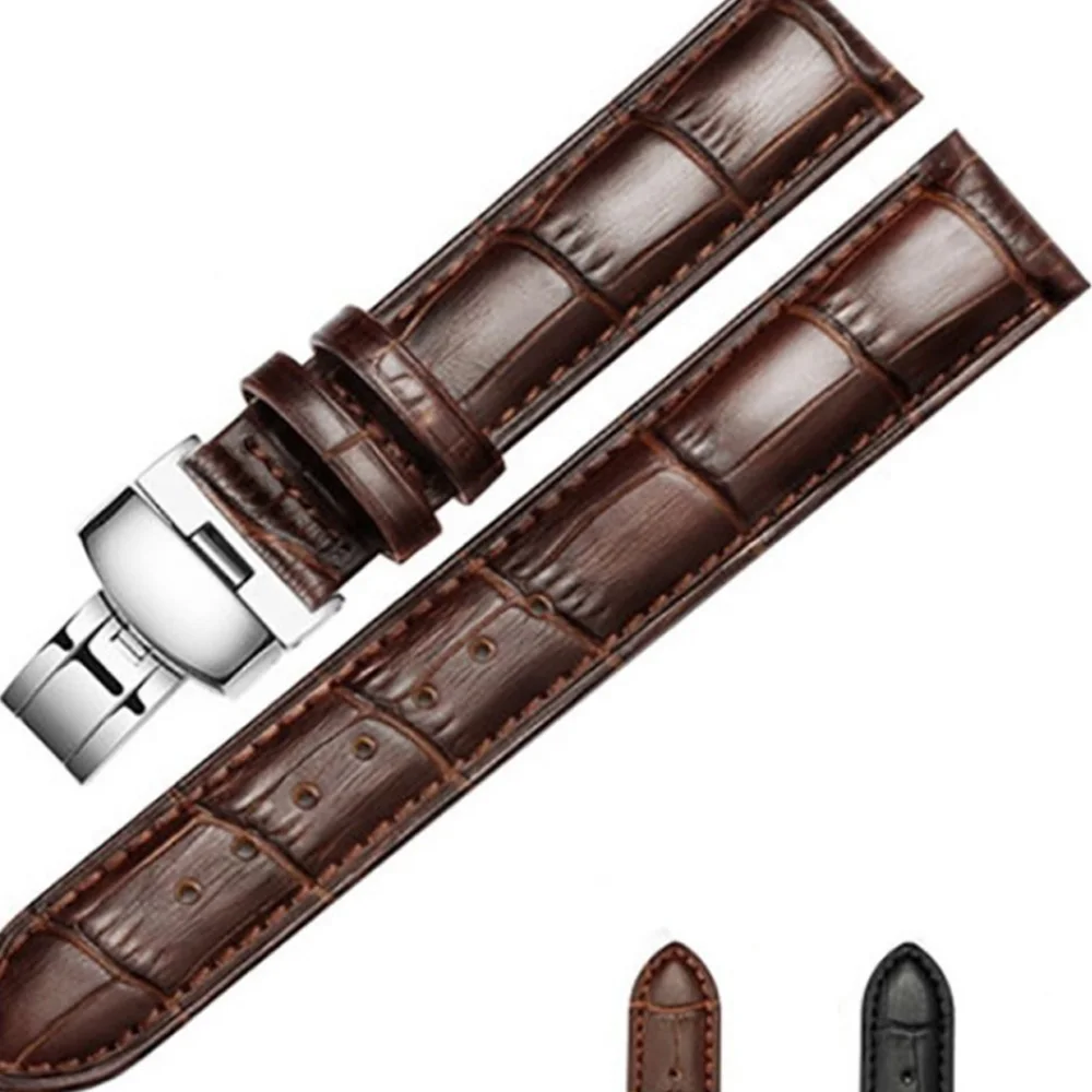 Classic Ladies Mens Watch Strap Butterfly Clasp Leather Slub Pattern Strap Black Brown 14mm 16mm 18mm 24mm Correas De Reloj