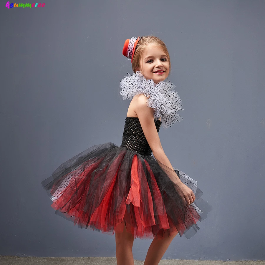 Mädchen Cruella De Vil Cosplay Kleider mit Headwear Kinder Halloween Dalmatinischen Flecken Tutu Kleid Phantasie Böse Hund Dame Kostüm