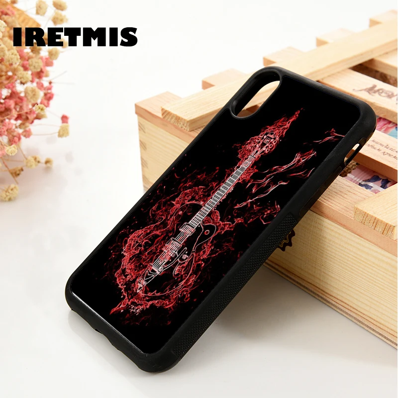 Iretmis 5 5S SE 6 6S phone case cover for iPhone 7 8 plus X Xs 11 Pro Max XR Red Guitar Fire Blaze Musical Instrument Flame