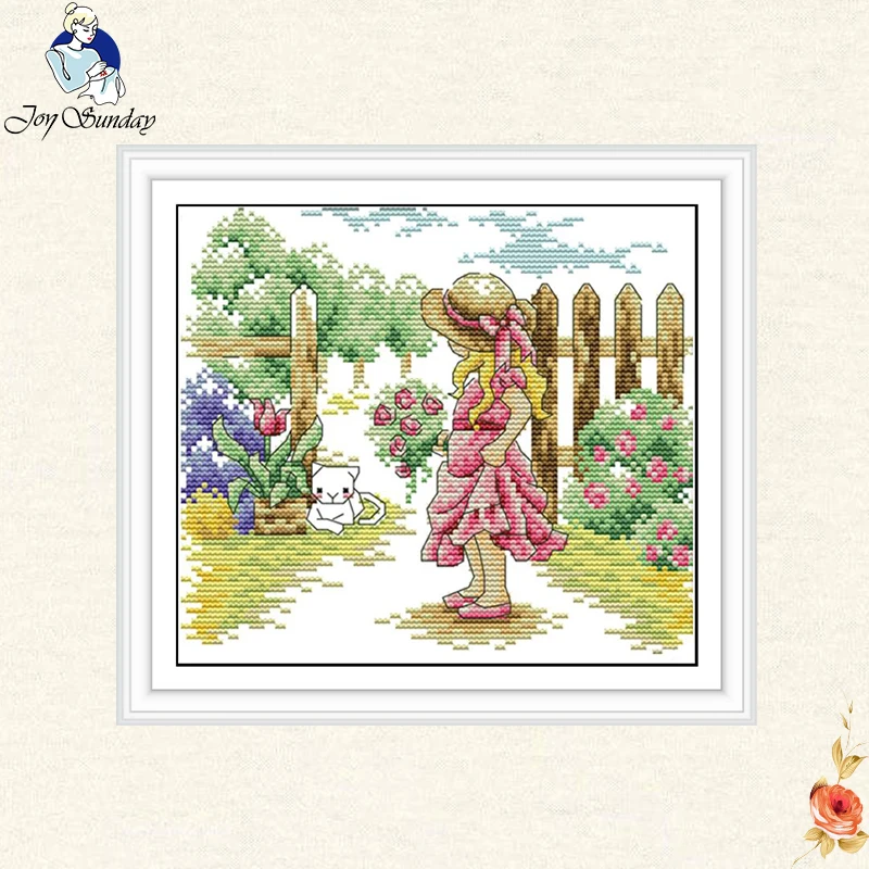 Joy Sunday Girl and cat 11CT 14CT Cross Stitch Set Landscape flowers Cross-Stitch Kit DIY Embroidery Needlework Sets Home Decor