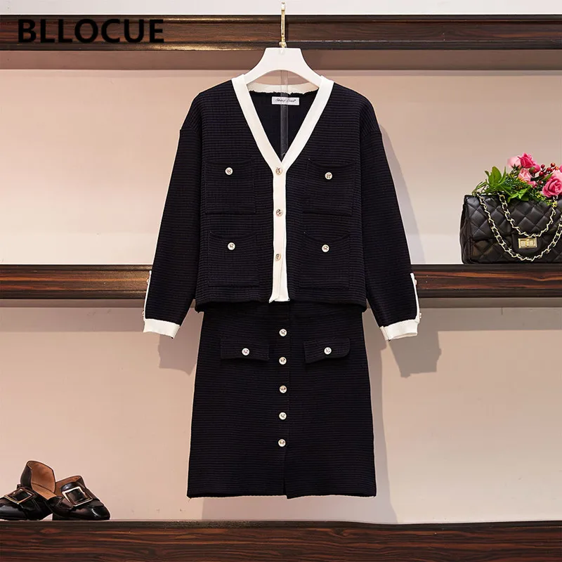 BLLOCUE Autumn Winter Ladies Knitted Sweater Skirt Sets Buttons Pocket Cardigan Sweater + Button Split Skirt Set 2pcs Suits