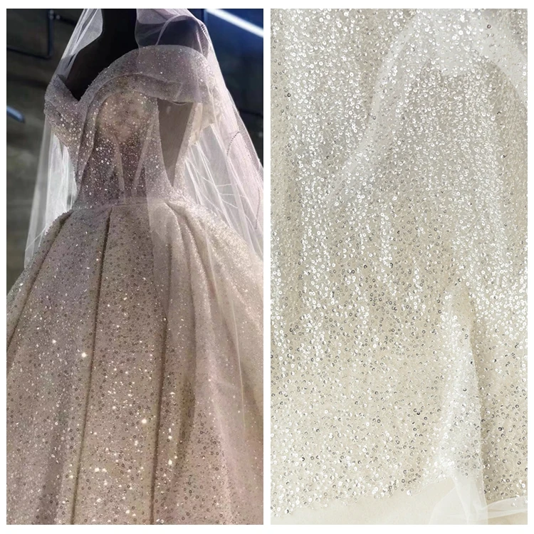 bridal dress beaded fabrics bugles and sequinces heavy beaded tulle fabrics DIY wedding dress shining fabric