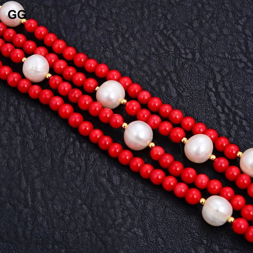 GuaiGuai Jewelry 8\'\' 4 Rows 10mm White Round Pearl 6mm Round Red Coral Bracelet For Women Fashion Jewelry