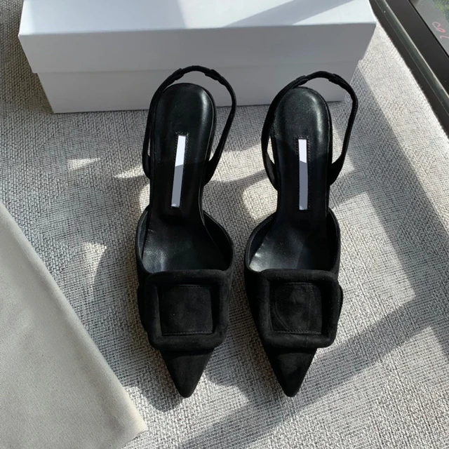 Sexy pointed toe heeled buckle sandals woman runway high heels high quality sheepskin back strap dress gown shoes slingback