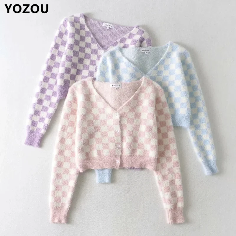 Women V-Neck Autumn Sweet Kawaii Cute Vintage Checkerboard Plaid Pink Purple Blue Single Breasted Button Up Cardigan Sweater