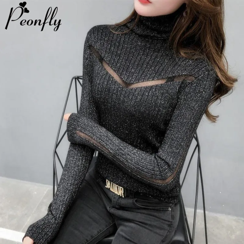 

PEONFLY Sexy Perspective Sweater Women Turtleneck Pullovers Sweaters Hollow Out Autumn Ladies Sweater Elastic Bodycon Jumper