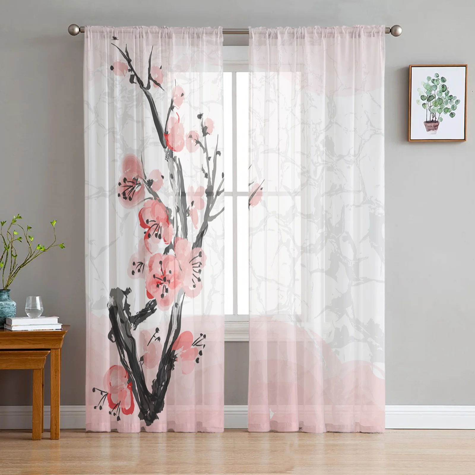 Pink Cherry Blossoms Flower Sheer Curtain for Bedroom Tulle Voile Curtain for Kitchen Living Room Decor Window Treatment