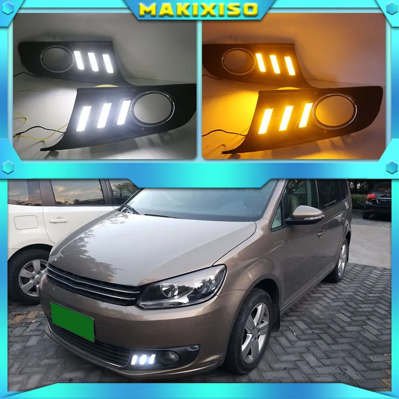 

LED DRL daytime running light For Volkswagen vw Touran 2011-2015 with Dynamic moving yellow turn signal and blue night light