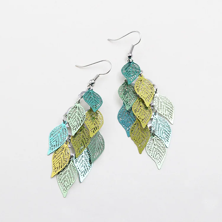 Metal Hollow Out Leaf Mix Color Drop Earrings Long Dangle Bohemia Colorful Earrings for Women Fashion