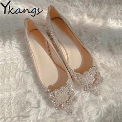 Square Buckle Crystal Flat Single Shoes Woman Pointed Toe Glitter Shallow Pumps Casual Loafers New Fashion Elegant Wedding Shoes