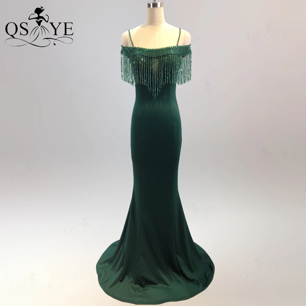 

Изумрудные вечерние платья, эластичное длинное платье для выпускного вечера, вечернее платье на бретельках с бусинами, платье с юбкой-годе на лямках, женское модное официальное платье