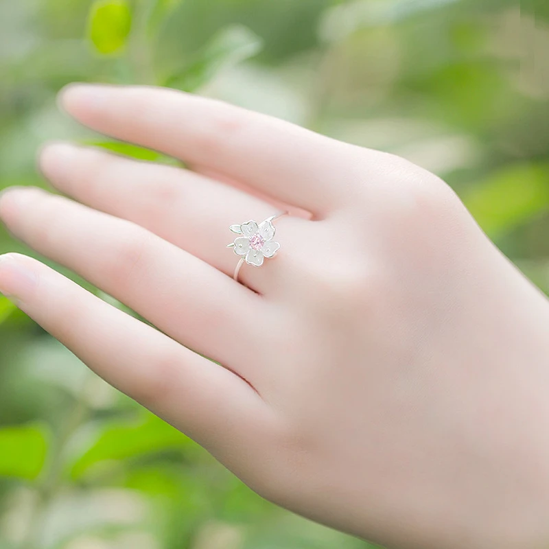 Nuevos anillos de plata esterlina 925 para mujer, anillo de tamaño ajustable, anillo de flor de cerezo de circonita rosa