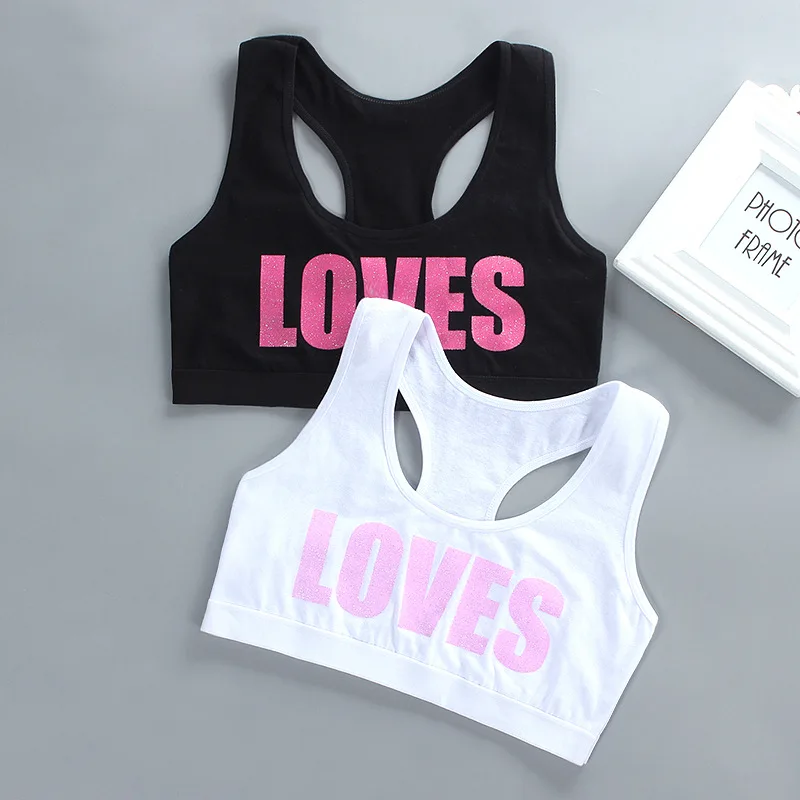 Girl Racerback Cotton Sport Training Bra Letter Print Solid Color Wide Strap Underwear Bralette Seamless Layered Crop Top