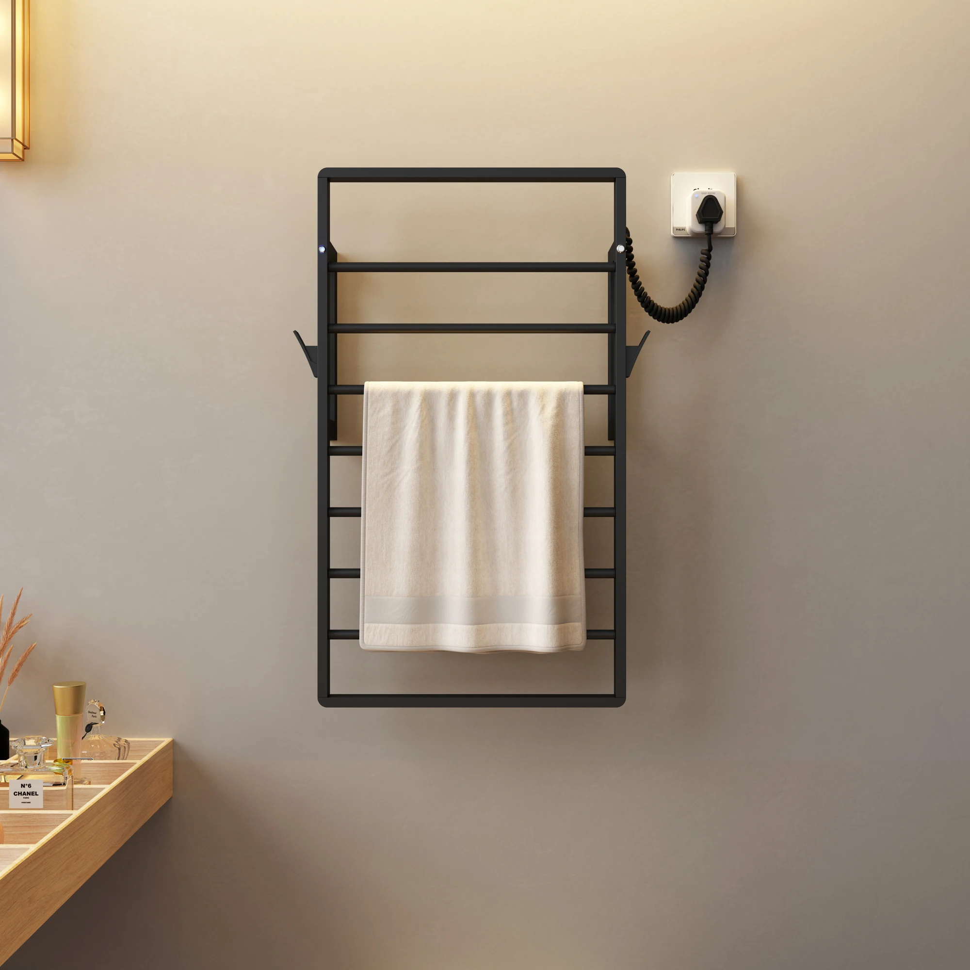 Imagem -02 - Aquecedor de Toalha Elétrico para Banheiro Toalheiro Aquecido com um Temporizador sem Perfuração Aço Inoxidável