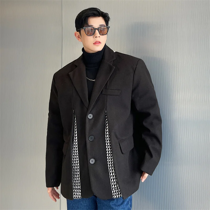 Men's Loose Fake Two Wool Suit Winter New Korean Version Large Size Fashion Splicing Popular Thickened Suit Coat