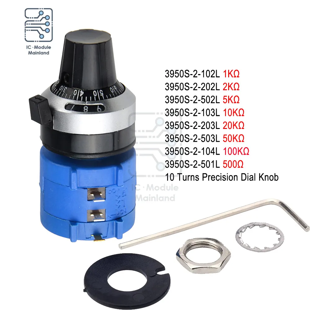 3590S Wirewound Potentiometer 500R 1K 2K 5K 10K 20K 50K 100K Ohm with High Precision 10 Turns Rotary Potentiometer Dial Knob