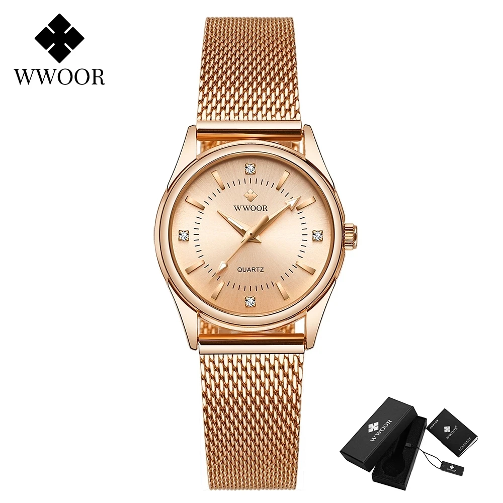 WWOOR-relojes de lujo para mujer, pulsera de oro rosa con diamantes, elegante, 2024