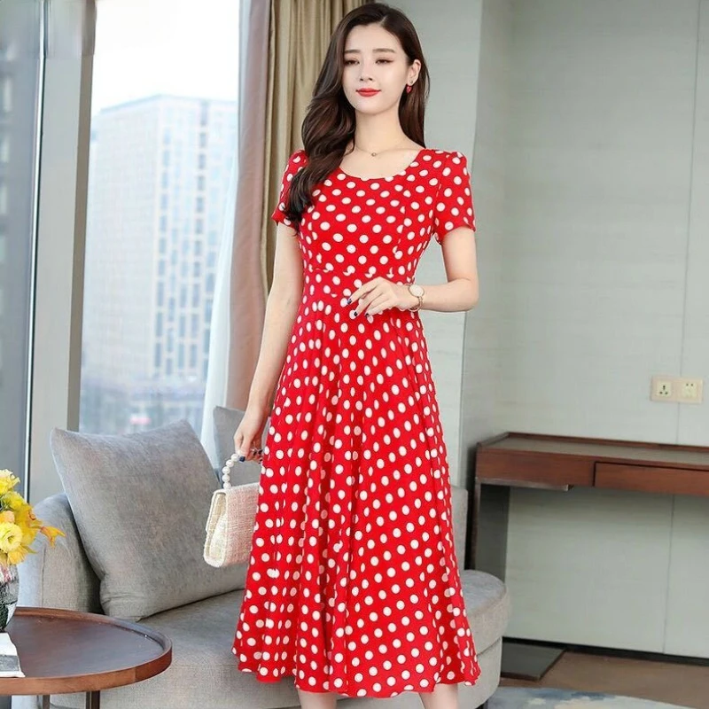 

Dress Women Polka Dots Maxi O-neck Slim Empire Summer Dresses Elegant Boho 4XL Office Ladies All-match A-Line Vintage