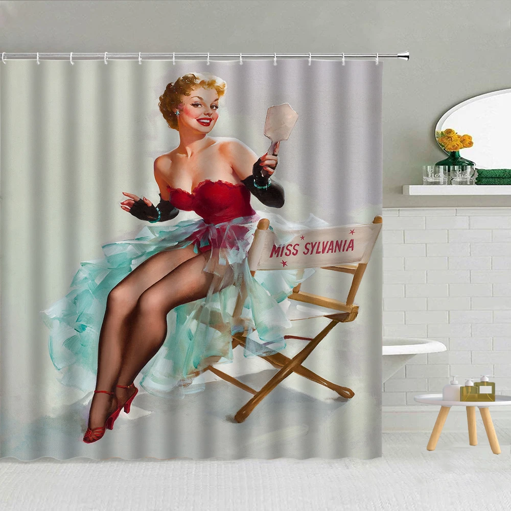 American Sexy Woman Shower Curtain Fashion Bikini Model Seaside Scenery Bathroom Decor Retro Temptation Girl Bath Hooks Curtains